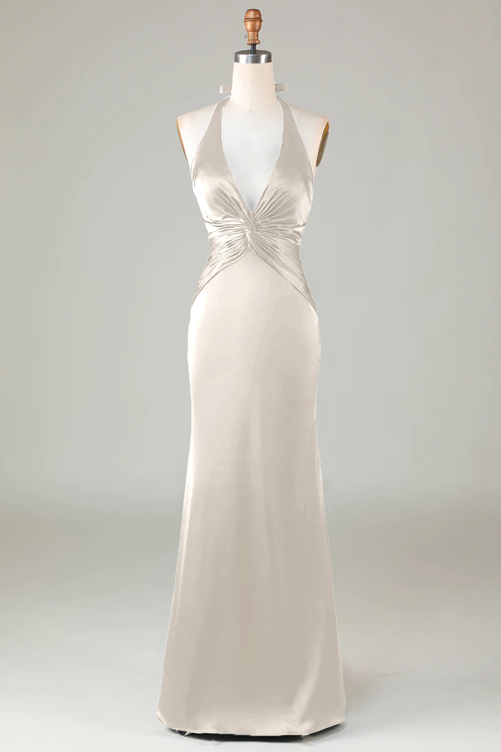 Dark Green Halter V Neck Open Back Satin Mermaid Long Bridesmaid Dress