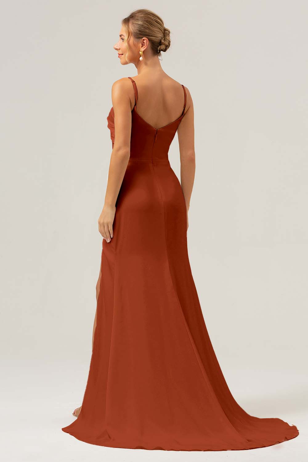 Black Sheath Spaghetti Straps Ruched Long Satin Bridesmaid Dress with Slit