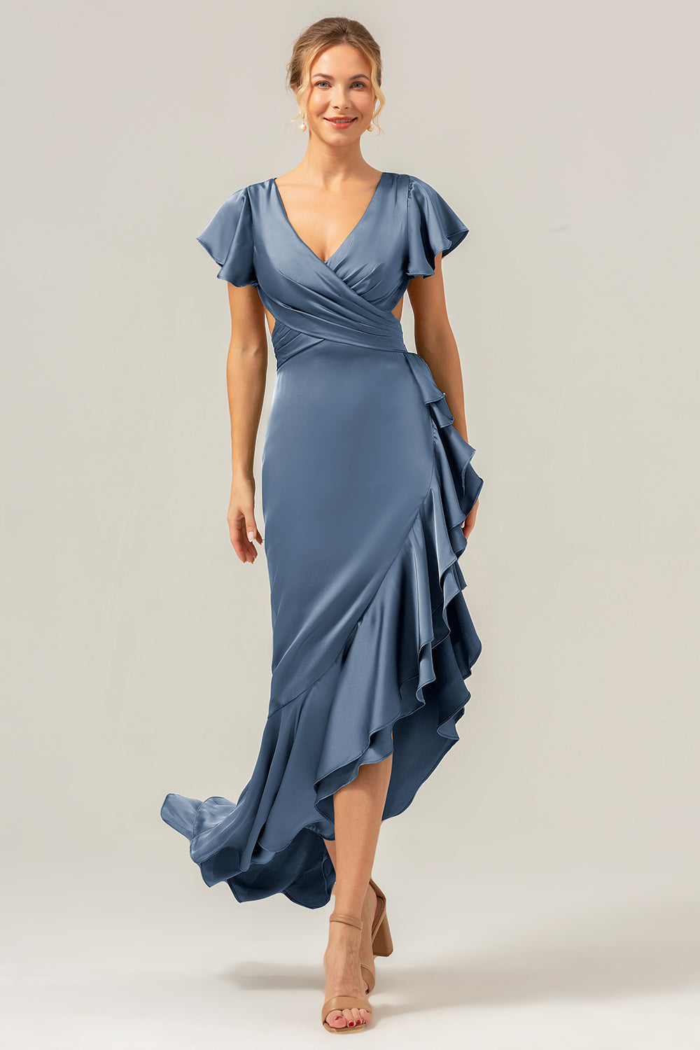 A Line V Neck Asymmetrical Dark Green Bridesmaid Dress with Ruffle Slit