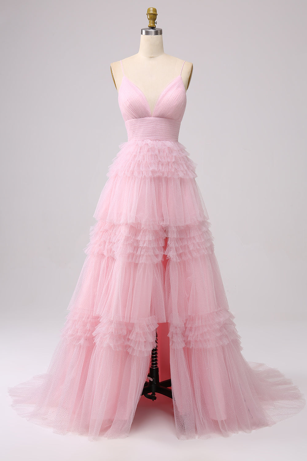 Pink Princess Tiered Spaghetti Straps Prom Dress with Slit