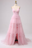 Pink Princess Tiered Spaghetti Straps Prom Dress with Slit