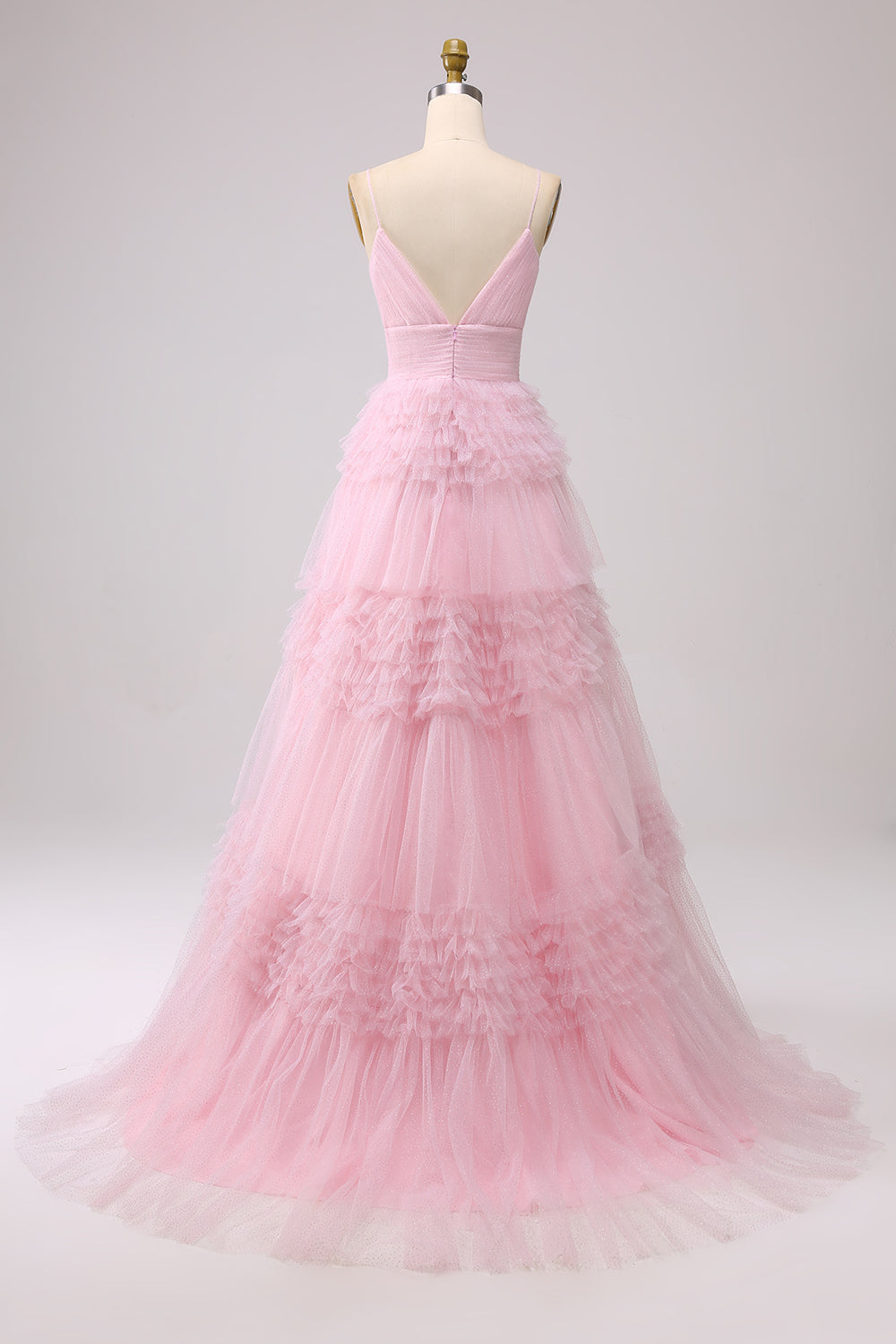 Pink Princess Tiered Spaghetti Straps Prom Dress with Slit