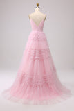 Pink Princess Tiered Spaghetti Straps Prom Dress with Slit