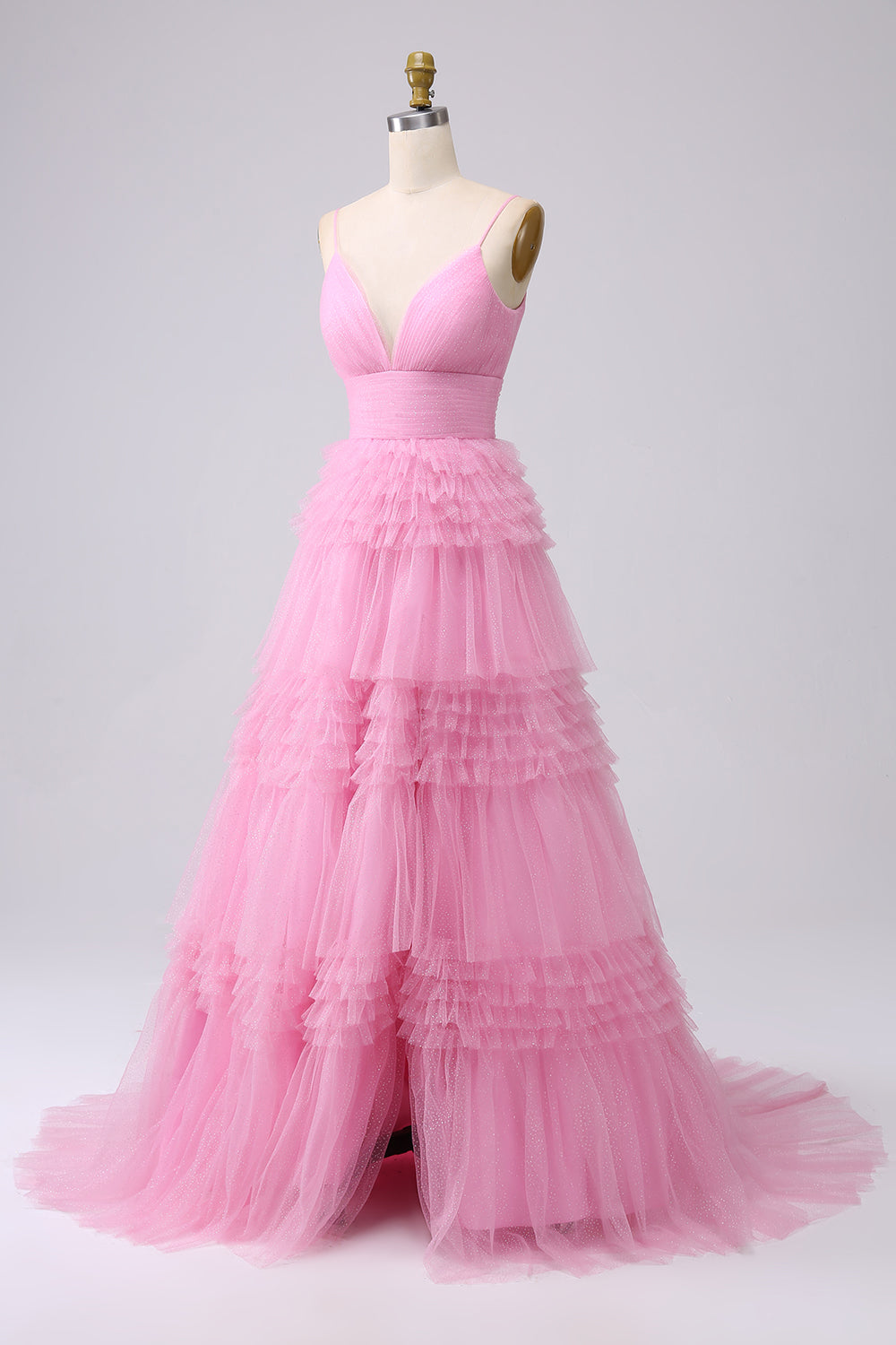 Pink Princess Tiered Spaghetti Straps Prom Dress with Slit