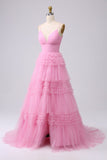 Pink Princess Tiered Spaghetti Straps Prom Dress with Slit