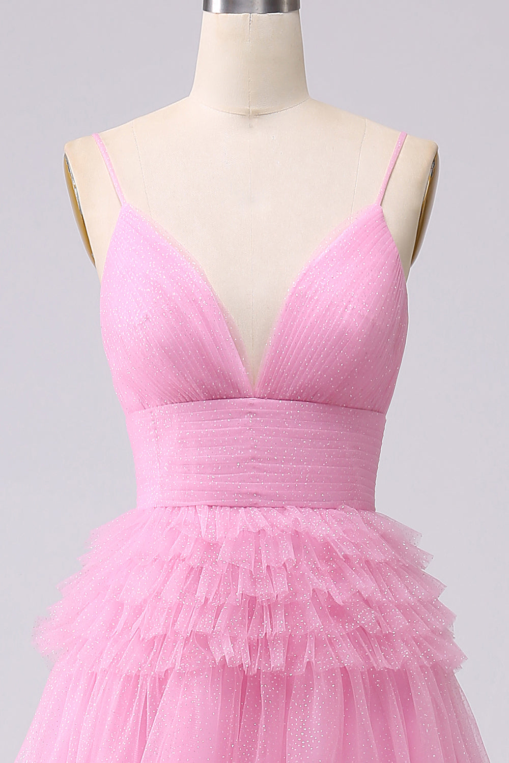 Pink Princess Tiered Spaghetti Straps Prom Dress with Slit
