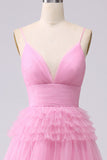 Pink Princess Tiered Spaghetti Straps Prom Dress with Slit