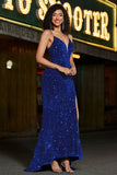 Royal Blue Mermaid Lace-Up Back Sequin Long Prom Dress with Slit