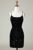 Spaghetti Straps Sequin Bodycon Little Black Dress