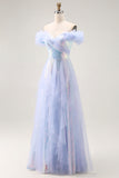 Sparkly Light Blue A Line Off the Shoulder Prom Dress