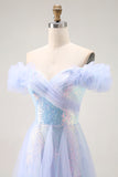 Sparkly Light Blue A Line Off the Shoulder Prom Dress