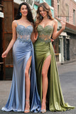 Green Mermaid Corset Appliqued Long Prom Dress With Side Streamer