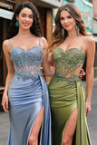 Silver Mermaid Sheer Corset Satin Long Prom Dress With Slit