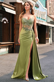 Green Mermaid Corset Appliqued Long Prom Dress With Side Streamer
