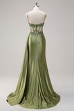 Green Mermaid Corset Appliqued Long Prom Dress With Side Streamer