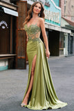 Green Mermaid Corset Appliqued Long Prom Dress With Side Streamer