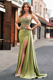 Green Mermaid Corset Appliqued Long Prom Dress With Side Streamer