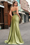 Green Mermaid Corset Appliqued Long Prom Dress With Side Streamer