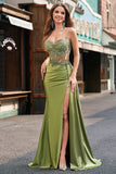 Green Mermaid Corset Appliqued Long Prom Dress With Side Streamer