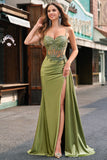Green Mermaid Corset Appliqued Long Prom Dress With Side Streamer