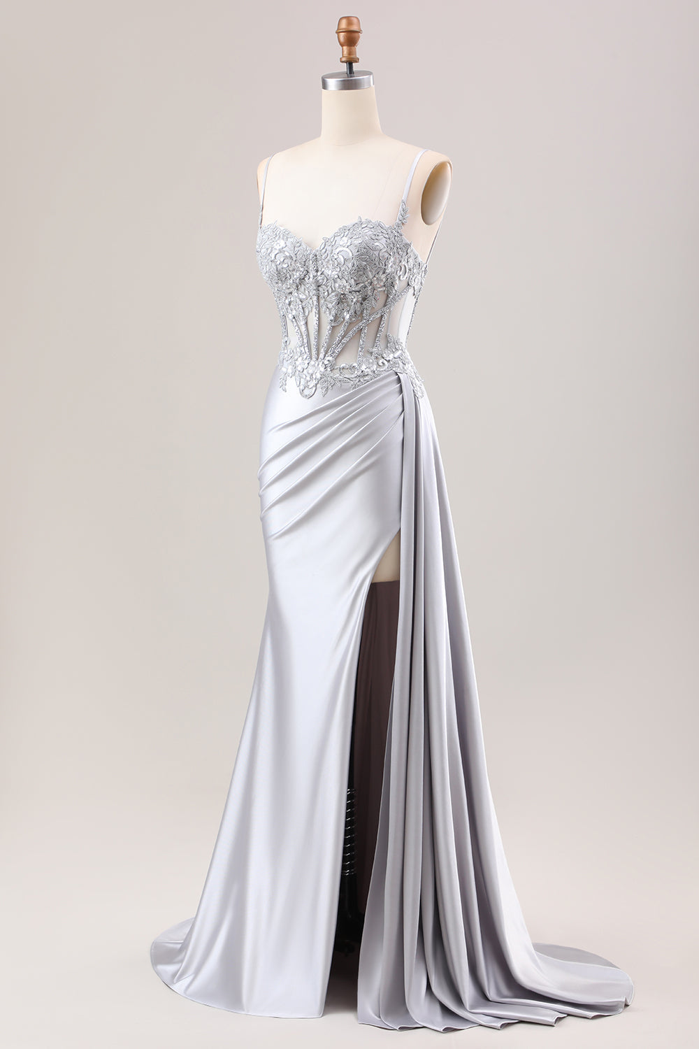 Silver Mermaid Sheer Corset Satin Long Prom Dress With Slit