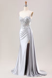 Silver Mermaid Sheer Corset Satin Long Prom Dress With Slit