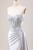 Silver Mermaid Sheer Corset Satin Long Prom Dress With Slit