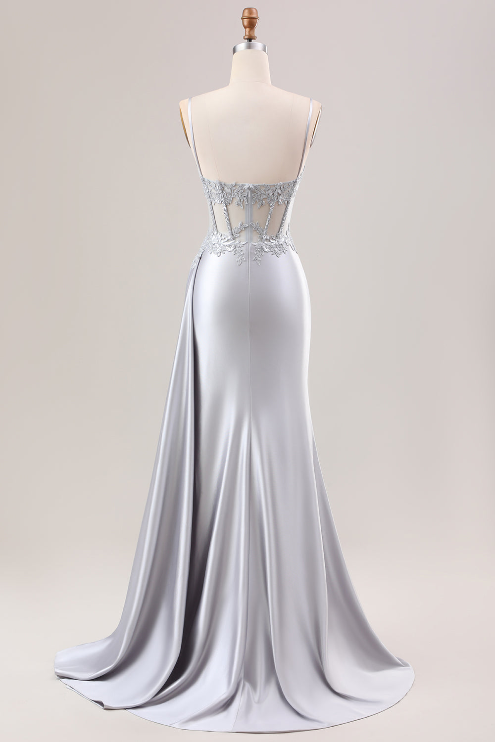 Silver Mermaid Sheer Corset Satin Long Prom Dress With Slit