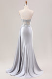Silver Mermaid Sheer Corset Satin Long Prom Dress With Slit