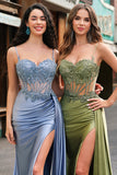 Green Mermaid Corset Appliqued Long Prom Dress With Side Streamer
