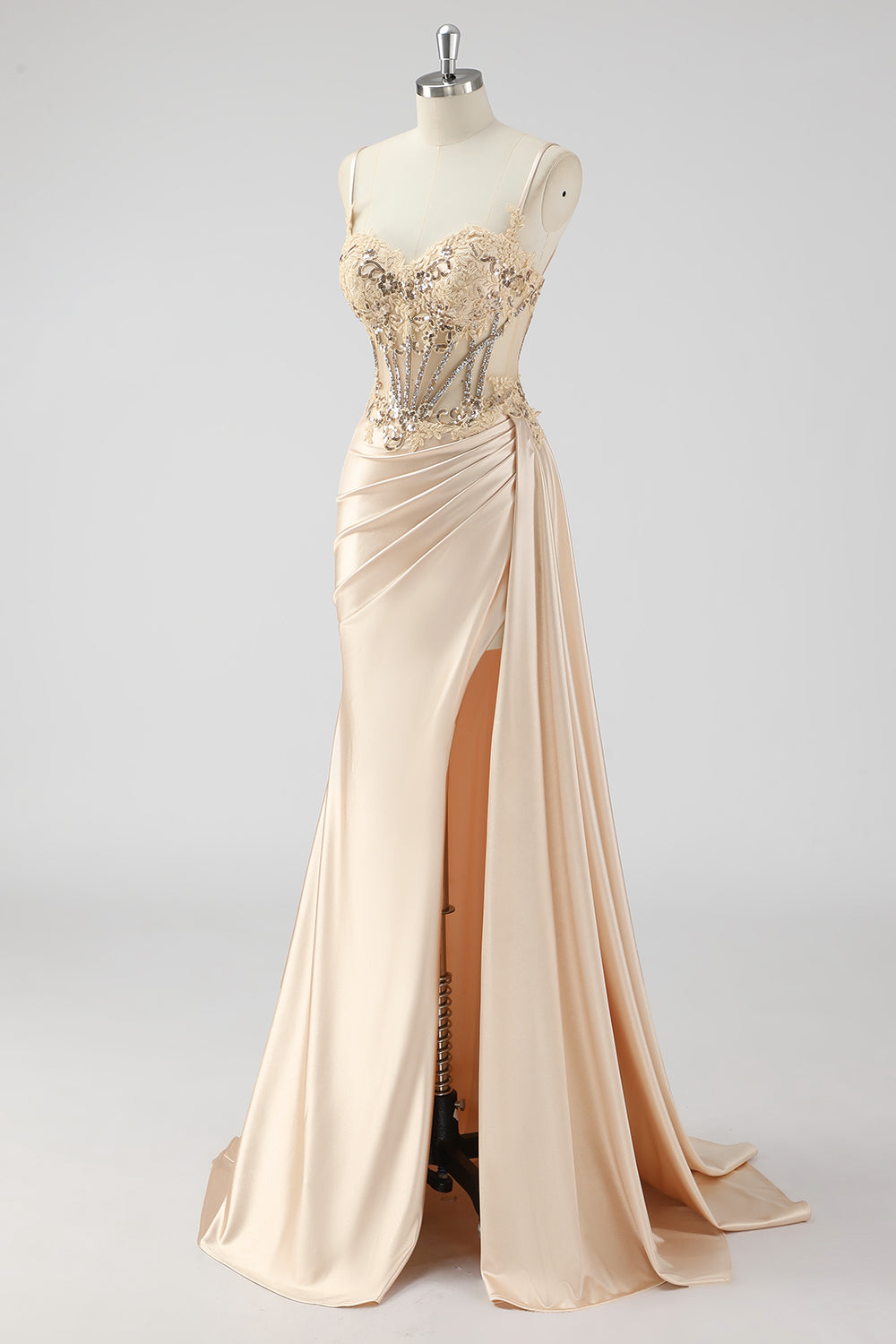 Silver Mermaid Sheer Corset Satin Long Prom Dress With Slit