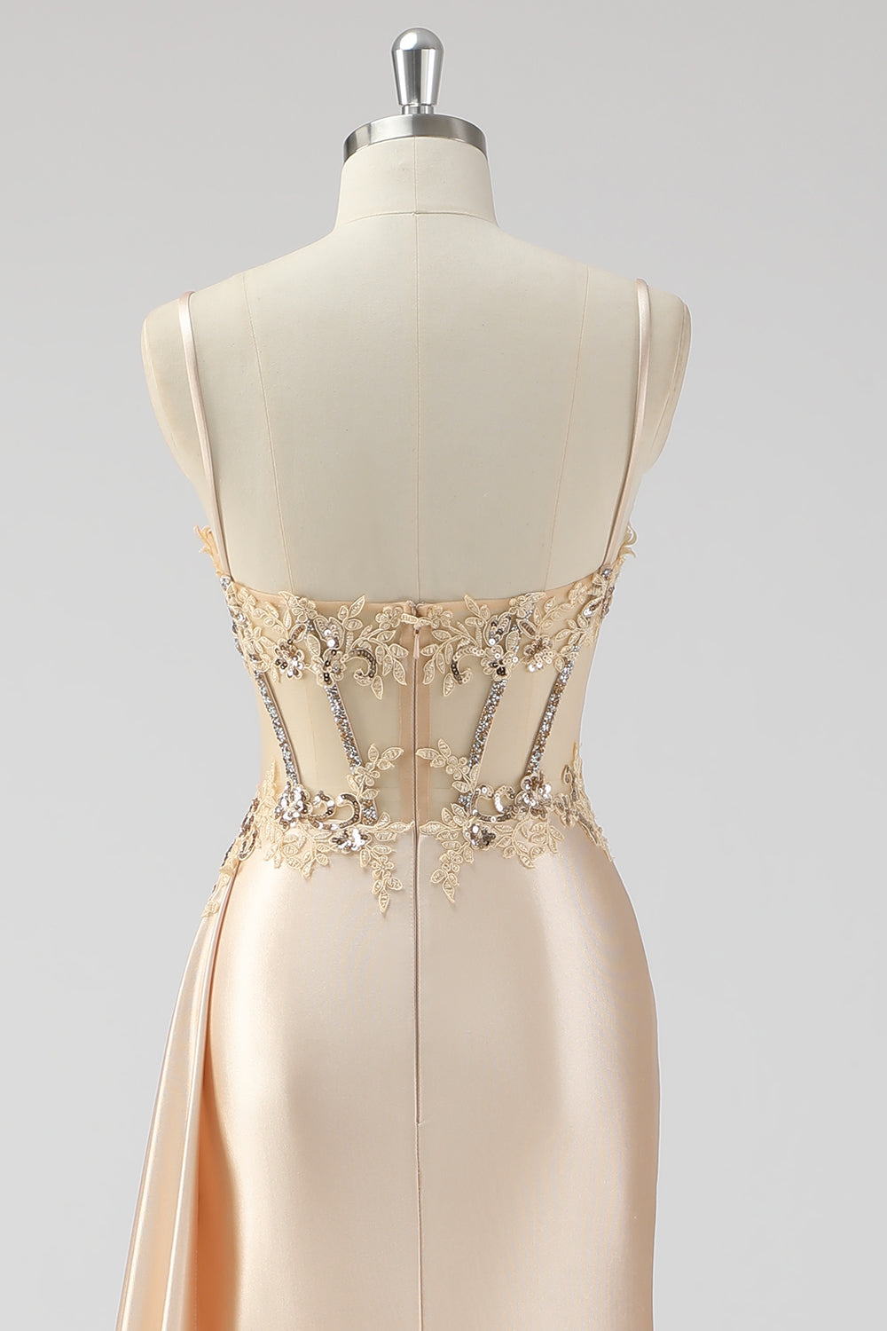 Silver Mermaid Sheer Corset Satin Long Prom Dress With Slit