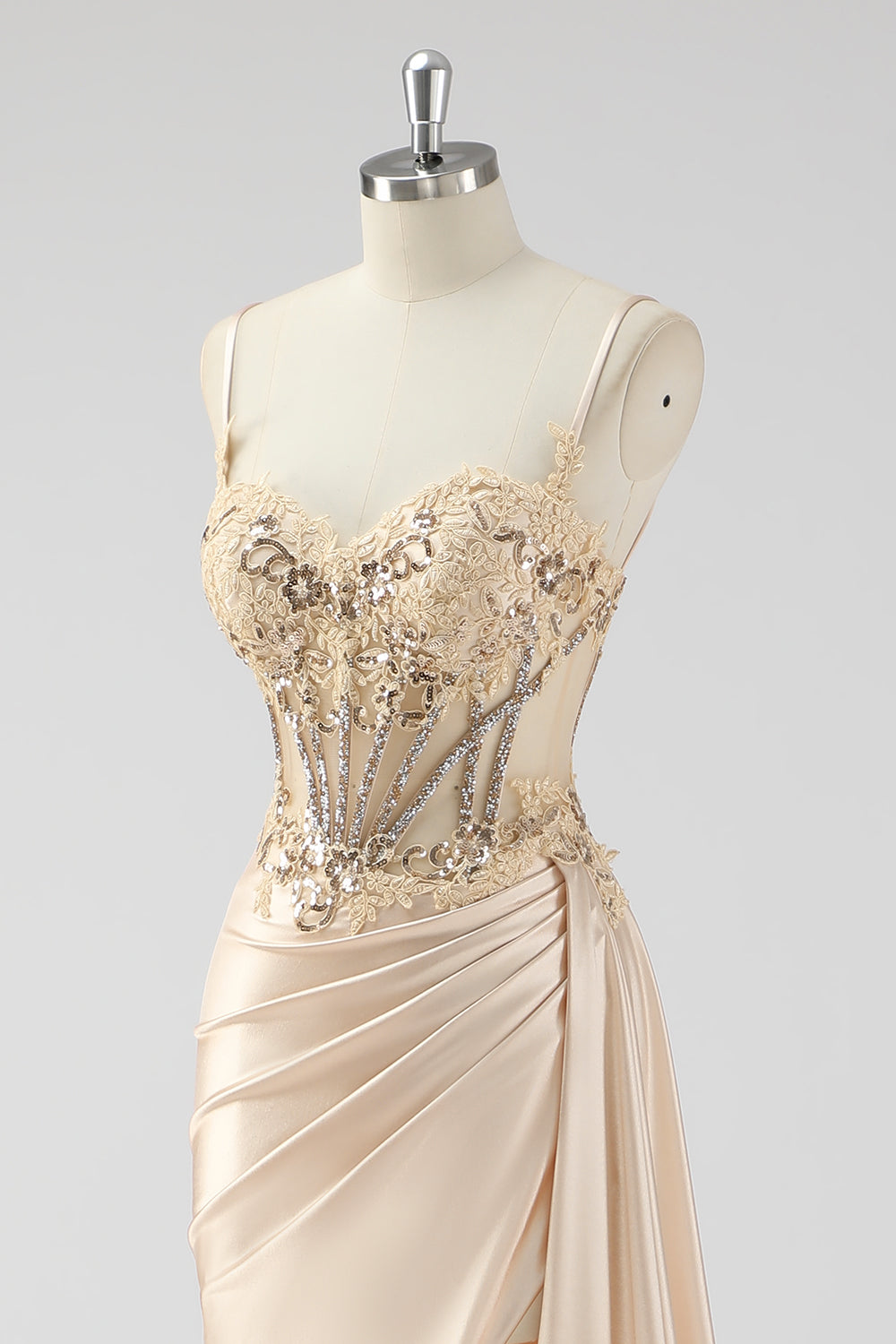 Silver Mermaid Sheer Corset Satin Long Prom Dress With Slit