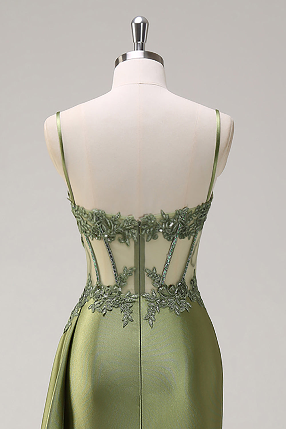 Silver Mermaid Sheer Corset Satin Long Prom Dress With Slit