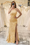 Golden Sparkly One Shoulder Mermaid Prom Dress with Slit