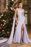 Mermaid Lilac One Shoulder Side Streamer Beaded Long Prom Dress with Slit
