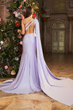 Mermaid Lilac One Shoulder Side Streamer Beaded Long Prom Dress with Slit
