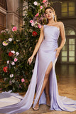 Mermaid Lilac One Shoulder Side Streamer Beaded Long Prom Dress with Slit