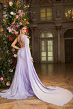 Mermaid Lilac One Shoulder Side Streamer Beaded Long Prom Dress with Slit