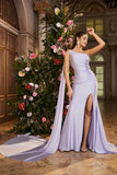 Mermaid Lilac One Shoulder Side Streamer Beaded Long Prom Dress with Slit