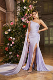 Mermaid Lilac One Shoulder Side Streamer Beaded Long Prom Dress with Slit