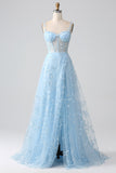 Sparkly Blue A-Line Spaghetti Straps Sequin Corset Prom Dress With Slit