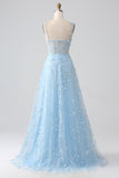 Sparkly Blue A-Line Spaghetti Straps Sequin Corset Prom Dress With Slit