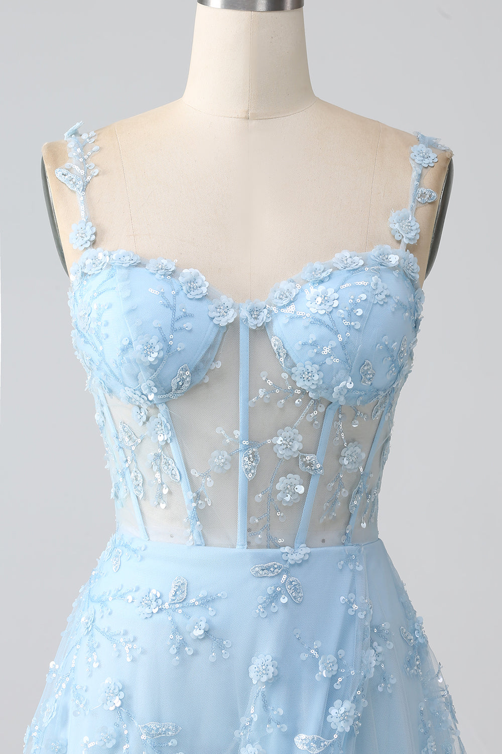 Sparkly Blue A-Line Spaghetti Straps Sequin Corset Prom Dress With Slit