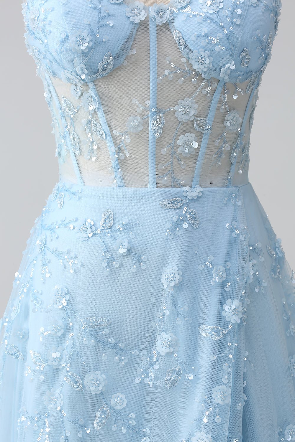 Sparkly Blue A-Line Spaghetti Straps Sequin Corset Prom Dress With Slit