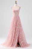Sparkly Blush A Line Spaghetti Straps Sequin Corset Long Prom Dress With Slit
