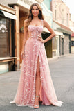 Sparkly Blush A Line Spaghetti Straps Sequin Corset Long Prom Dress With Slit