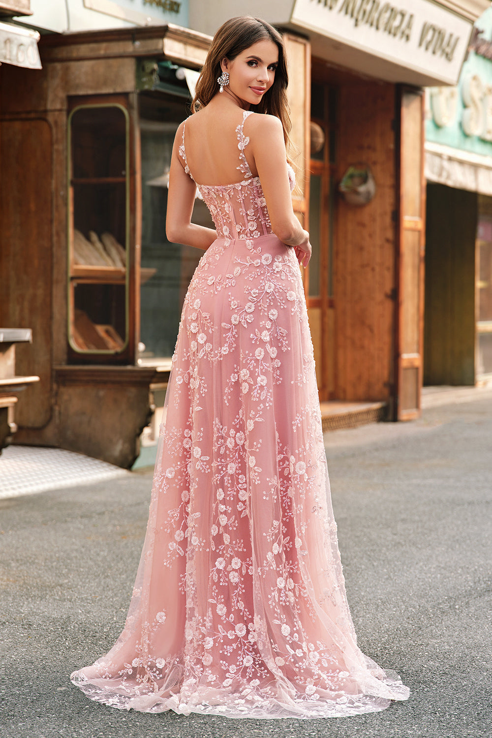 Sparkly Blush A Line Spaghetti Straps Sequin Corset Long Prom Dress With Slit