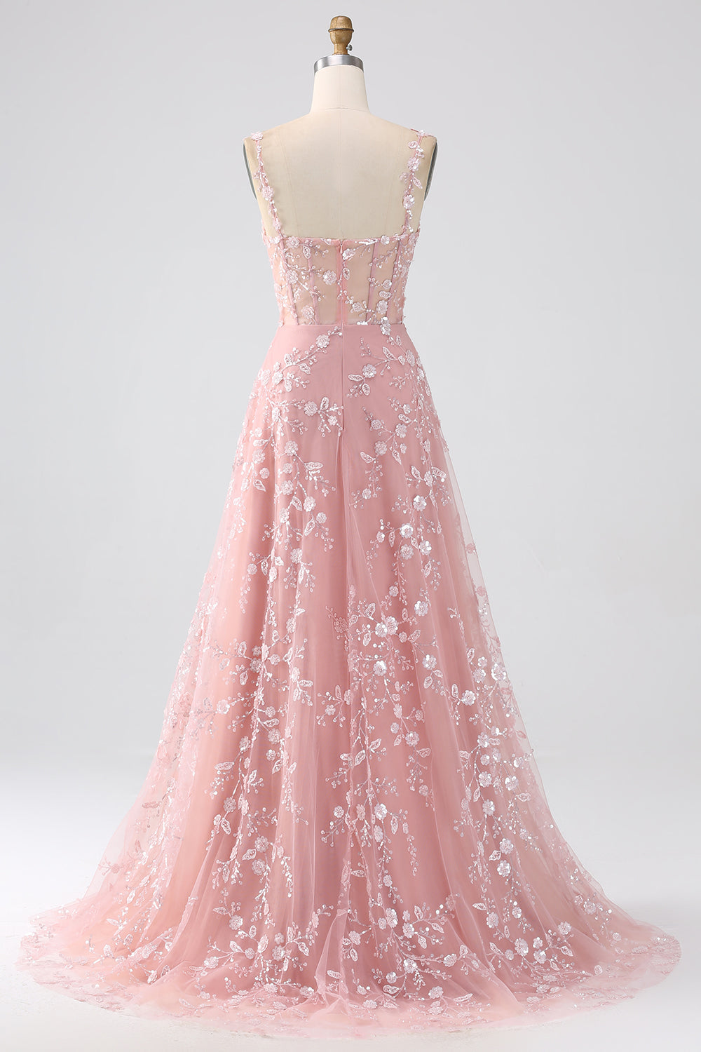 Sparkly Blush A Line Spaghetti Straps Sequin Corset Long Prom Dress With Slit