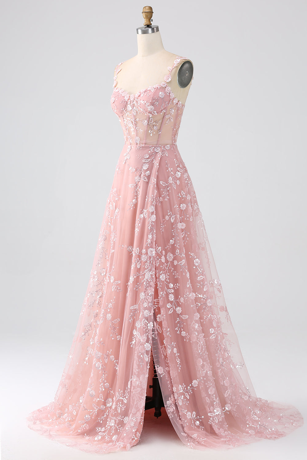 Sparkly Blush A Line Spaghetti Straps Sequin Corset Long Prom Dress With Slit